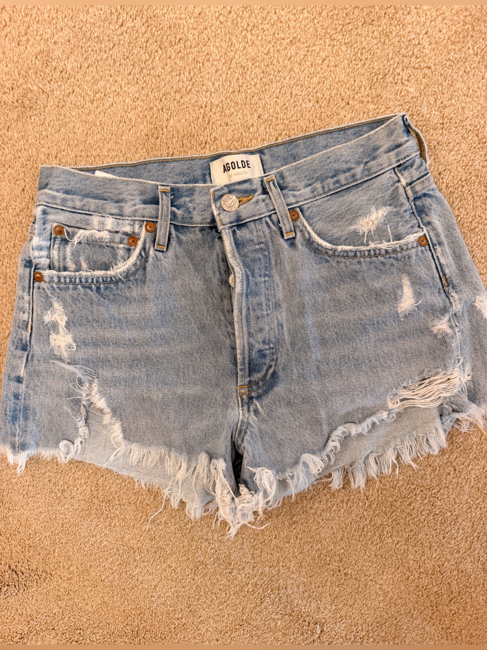 Agolde Light Blue Frayed High-Rise Denim Shorts